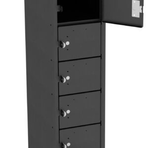Tall black locker unit with ten compartments, each with a combination lock. The second compartment from the top is open, revealing an interior similar to the closed ones. The unit is standing on a flat surface.