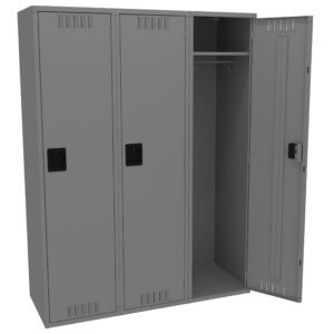 A set of three linked gray metal lockers, with one locker door open revealing an empty interior with a rod for hanging items. The other two lockers are closed. Each locker has a black handle.