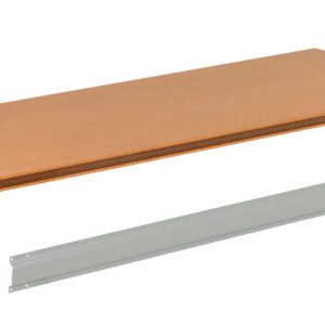 A wooden shelf panel in light brown color, aligned horizontally, with a separate metal bracket below it. The bracket is gray and appears to be designed for supporting the shelf.