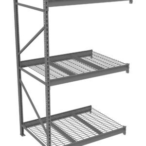 Three-tiered industrial metal shelving unit with mesh metal shelves, suitable for heavy-duty storage. The frame is solid and durable, designed for warehouse or garage use. Shelves are evenly spaced.