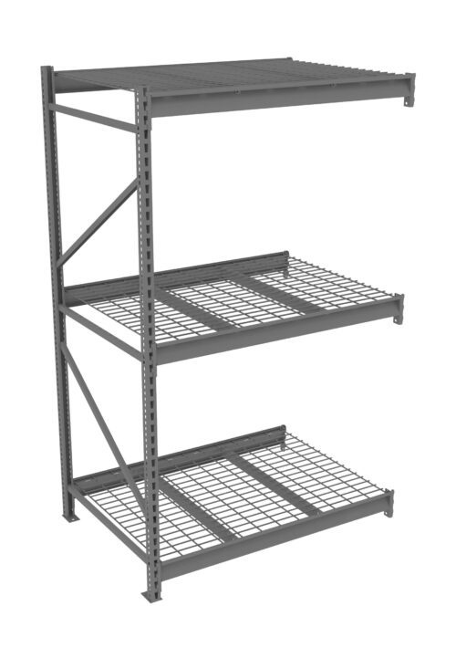 tpqvckum7uqm4vdfbsyi.jpg Three-tiered industrial metal shelving unit with mesh metal shelves, suitable for heavy-duty storage. The frame is solid and durable, designed for warehouse or garage use. Shelves are evenly spaced.