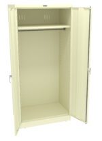 A beige metal cabinet with two open doors, revealing an empty interior. Inside, there is a single adjustable shelf and a hanging rod positioned near the top. The cabinet is set against a plain white background.