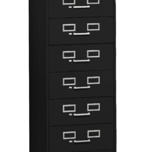 Black vertical filing cabinet with seven drawers, each featuring a silver handle and label slot. The cabinet is locked with a small keyhole on the upper right corner.