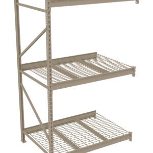Metal shelving unit with three grid-patterned shelves and an open design. The frame is beige or light brown, and each shelf can hold various items. The structure appears sturdy and suitable for storage in a warehouse or garage.