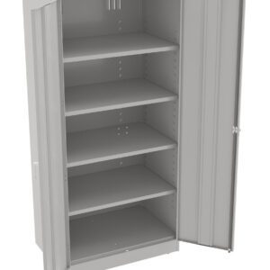 A gray, metal storage cabinet with double doors wide open, revealing five empty shelves. The cabinet has a simple, industrial design and appears to be suitable for storing tools or supplies.