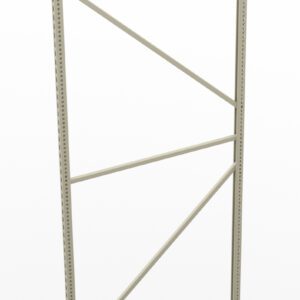 A metal shelving unit frame with a triangular cross-bracing design. It stands vertically on a white background, with perforated sides for adjustable shelves.