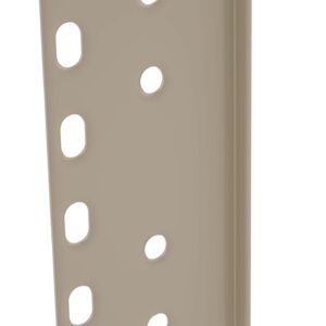 A beige, L-shaped metal bracket with a flat surface. It has four oval-shaped holes on one side and three circular holes on the other, used for mounting or securing purposes.