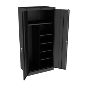 A tall black metal cabinet with two open doors, revealing shelves inside. The shelves are adjustable and evenly spaced. The cabinet has a lock on the right door and a handle on the left door.