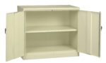 A beige metal storage cabinet with two open doors revealing two shelves inside. The cabinet has a simple, industrial design, and is set against a plain white background.