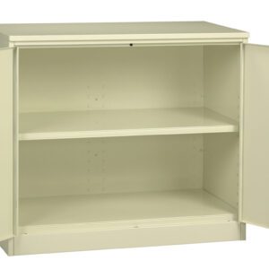 A beige metal storage cabinet with two open doors revealing two shelves inside. The cabinet has a simple, industrial design, and is set against a plain white background.