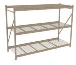 A beige metal storage rack with three shelves and a sturdy frame, designed for heavy-duty use. The structure has a grid-like design on each shelf to support various items, featuring supportive crossbars for stability.