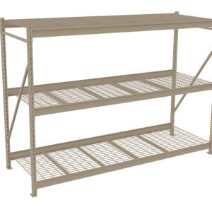 A beige metal storage rack with three shelves and a sturdy frame, designed for heavy-duty use. The structure has a grid-like design on each shelf to support various items, featuring supportive crossbars for stability.