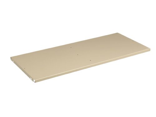 A beige, rectangular metal shelf with smooth edges and pre-drilled holes, designed for wall mounting or installation in a shelving unit. The shelf appears clean and new against a white background.