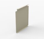 A beige metal panel with a slightly elevated edge, featuring four corner holes, stands upright against a plain white background. The panel has a simple, rectangular shape with a flat surface.
