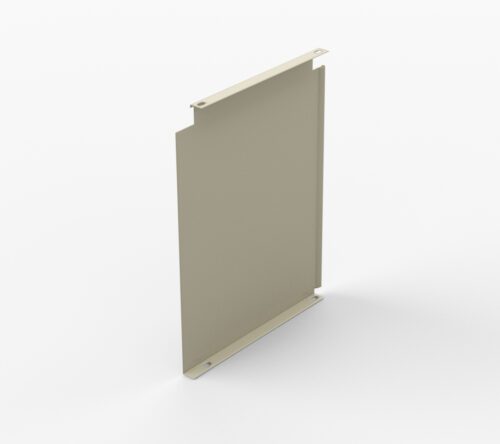 A beige metal panel with a slightly elevated edge, featuring four corner holes, stands upright against a plain white background. The panel has a simple, rectangular shape with a flat surface.