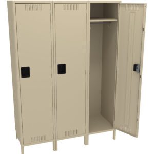 Beige metal locker with three compartments, one door open revealing a hanging bar and shelf inside. The design is minimal, with vents and black handles on each door. Suitable for storage in a gym, school, or workplace.