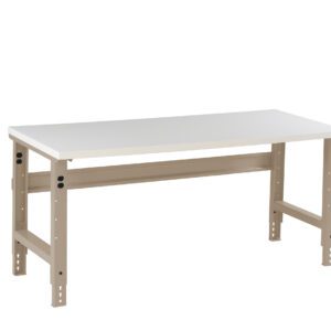 A rectangular white table with beige metal legs and a support beam underneath. The table has an industrial design and adjustable legs with visible screws and holes, suitable for use in a workshop or garage setting.