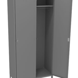 A gray, metal locker with three compartments. The left door is closed, while the middle and right doors are open, revealing a clothing rod inside. The locker stands on four legs.