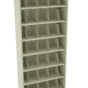 A tall, beige shelving unit with seven shelves, each divided into four compartments. The unit is empty and stands against a plain white background.