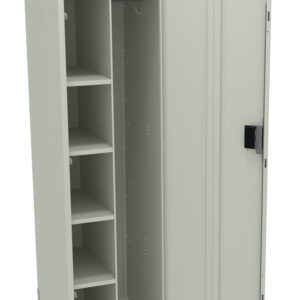 A beige metal locker with an open door is shown. Inside, there are four shelves on the left side and an empty compartment with a hanging rod on the right. The locker stands on four short legs.