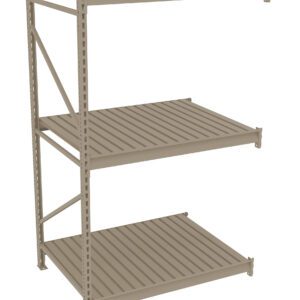 A beige, three-tiered metal shelving unit with a minimalist design. Each shelf is evenly spaced and consists of metal slats. The shelves are supported by a sturdy frame with diagonal supports for stability.
