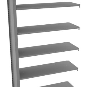 A metal shelving unit with six flat horizontal shelves, evenly spaced and supported by a vertical frame on the left. The unit is gray and appears to be designed for storage or display purposes. The background is white.
