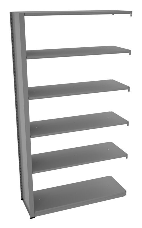tzdypo3xdetuup3j9u1h.jpg A metal shelving unit with six flat horizontal shelves, evenly spaced and supported by a vertical frame on the left. The unit is gray and appears to be designed for storage or display purposes. The background is white.