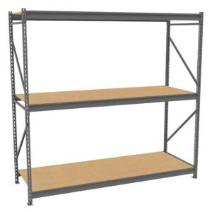 A metal storage rack with three wooden shelves. The frame is gray and rectangular, featuring diagonal support bars on each side for stability. The unit is empty and shown against a plain white background.
