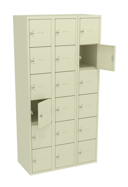 A beige metal locker unit with three columns and seven rows of small compartments. Several compartments are open, revealing empty storage spaces inside. Each compartment has a keyhole for locking.