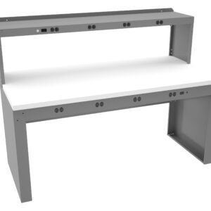 A gray workbench with a white tabletop and a back panel is shown. It features multiple electrical outlets and ports on both the tabletop edge and back panel for convenient access. The design is sturdy and functional.
