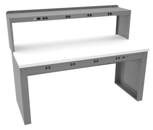 A gray workbench with a white tabletop and a back panel is shown. It features multiple electrical outlets and ports on both the tabletop edge and back panel for convenient access. The design is sturdy and functional.