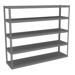 A gray metal shelving unit with five evenly spaced shelves. The unit is simple and sturdy, designed for storage. It has a rectangular shape with open sides and visible support brackets on each corner.
