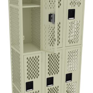 A beige locker unit with six compartments is shown. The top middle locker door is open, revealing an empty interior with a shelf. The locker doors have a diamond-shaped ventilation pattern and black handles.