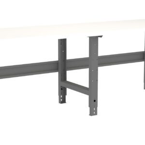 A white, rectangular workbench with a metal frame and adjustable legs is shown against a plain background. The sturdy design features cross-bracing for additional support and stability.