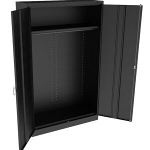 Black metal storage cabinet with two open doors, revealing a spacious interior and adjustable shelf brackets. The cabinet has a sleek, minimalist design and a sturdy build. A lock and handle are visible on the right door.