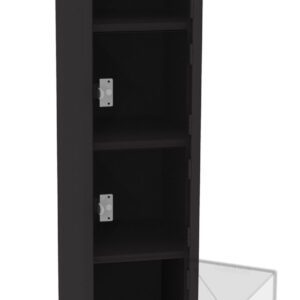 Black, tall, rectangular storage locker with multiple compartments. One door is open, revealing interior shelves. The design is minimalist and functional.