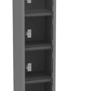 A tall, gray metal storage cabinet with five shelves and an open door at the top.