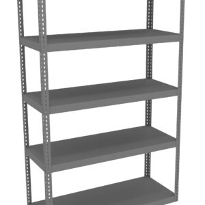 A gray, metal shelving unit with five empty shelves, standing upright. The shelves are evenly spaced and supported by a sturdy frame, suitable for organizing storage items. The background is plain white.