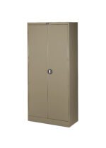A tall, beige metal storage cabinet with two closed doors and a round lock in the center. The cabinet has a simple design with a smooth surface and stands on a flat bottom.