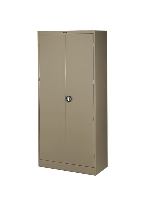 A tall, beige metal storage cabinet with two closed doors and a round lock in the center. The cabinet has a simple design with a smooth surface and stands on a flat bottom.