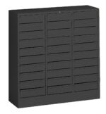 A black, industrial-style cabinet with 30 small drawers arranged in six vertical columns. Each drawer has a small handle, and the cabinets surface is smooth and matte.