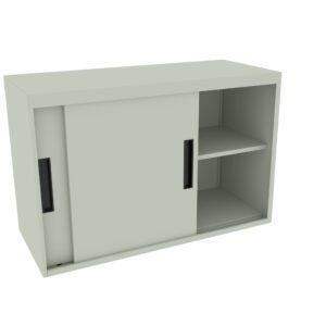 A minimalist beige storage cabinet with two sliding doors. One door is partially open, revealing a shelf inside. The cabinet features simple black handles and a clean, modern design.