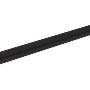 A long, slim black metal bracket with a right-angled edge, featuring two mounting holes on each end. The surface is smooth and appears matte, likely used for structural support or mounting purposes in various applications.