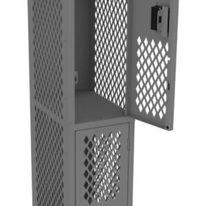 Open gray metal locker with a perforated design. It has an open door, showing interior shelves suitable for storage. The locker features a lock and ventilation holes for air circulation.