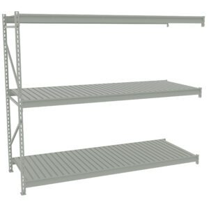 A simple, three-tiered, metal storage shelf with horizontal slats. Its freestanding with a light grey color and no items placed on the shelves.