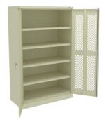 A beige metal storage cabinet with five shelves and one door open. The open door features a diamond-patterned mesh design, allowing visibility into the cabinet interior. The exterior has a smooth, flat finish.