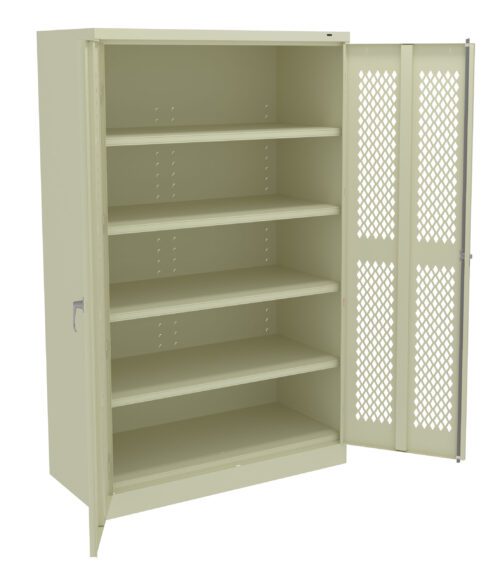 ufksb9m5n6fihjthy1ak.jpg A beige metal storage cabinet with five shelves and one door open. The open door features a diamond-patterned mesh design, allowing visibility into the cabinet interior. The exterior has a smooth, flat finish.