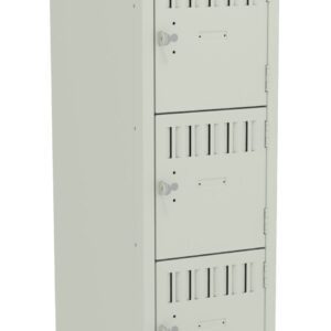 A tall, beige locker unit with five vertically stacked compartments, each with a lock and ventilation slots. The bottom compartments door is slightly open.