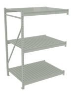 Industrial metal shelving unit with three tiers, featuring ribbed shelves and a supportive frame. The unit is light gray and appears suitable for storage or warehouse use.