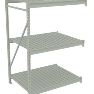 Industrial metal shelving unit with three tiers, featuring ribbed shelves and a supportive frame. The unit is light gray and appears suitable for storage or warehouse use.